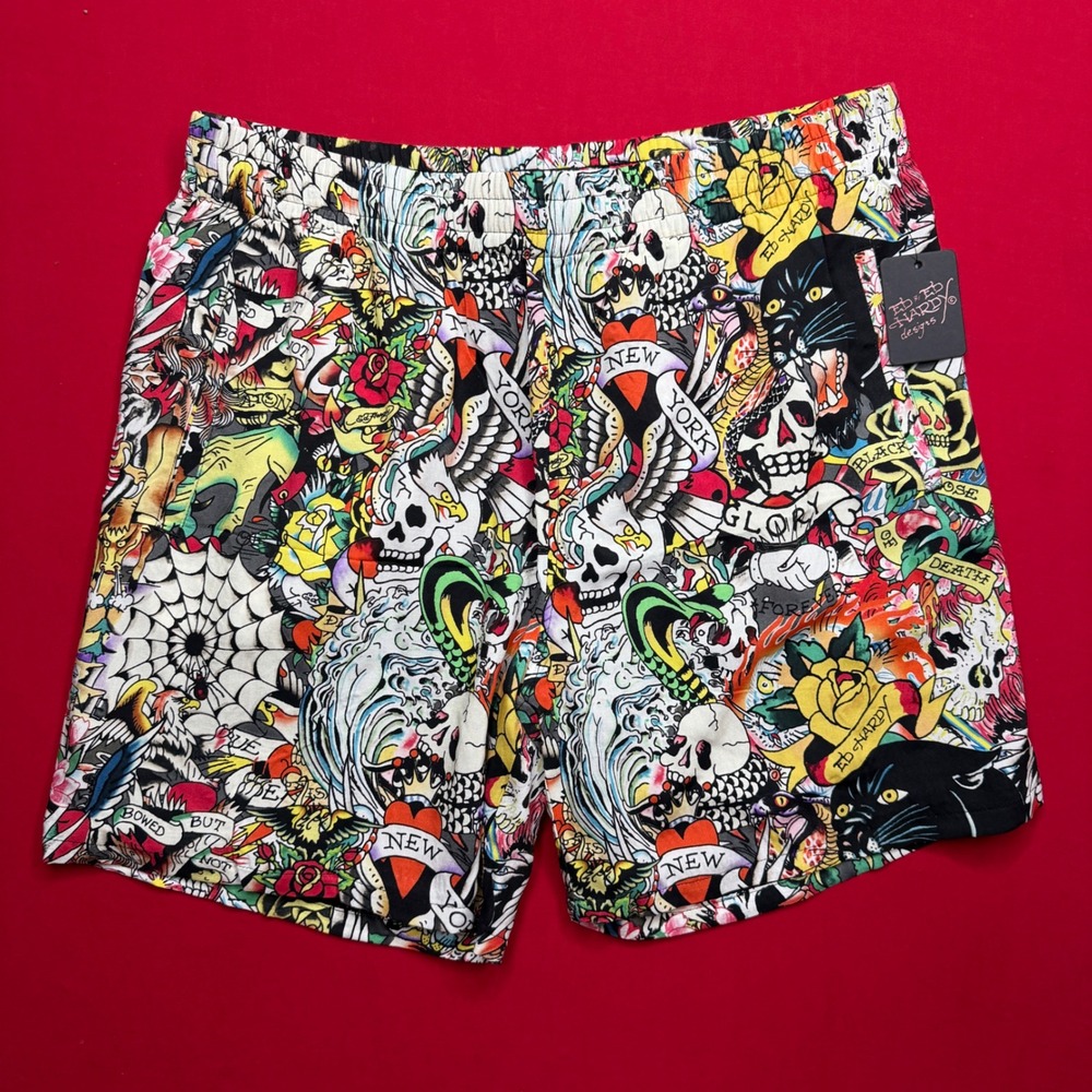 Ed Hardy Mens Tattoo Print Shorts Multi Color Skull Panther Graphic New Large